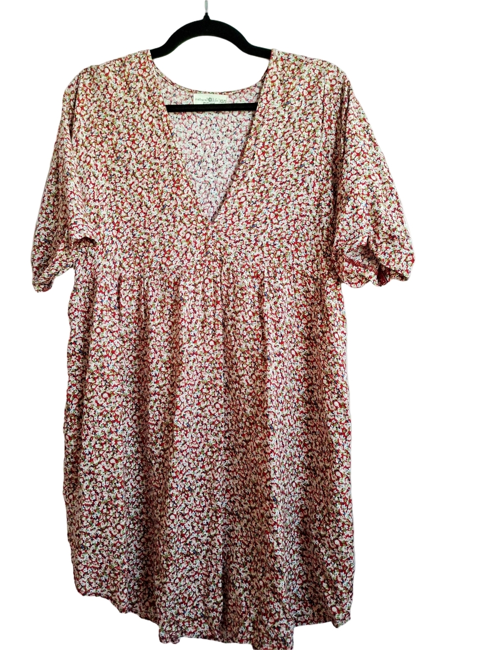 NATURAL LIFE Red Floral V-Neck Midi Mini Cottagecore  Dress